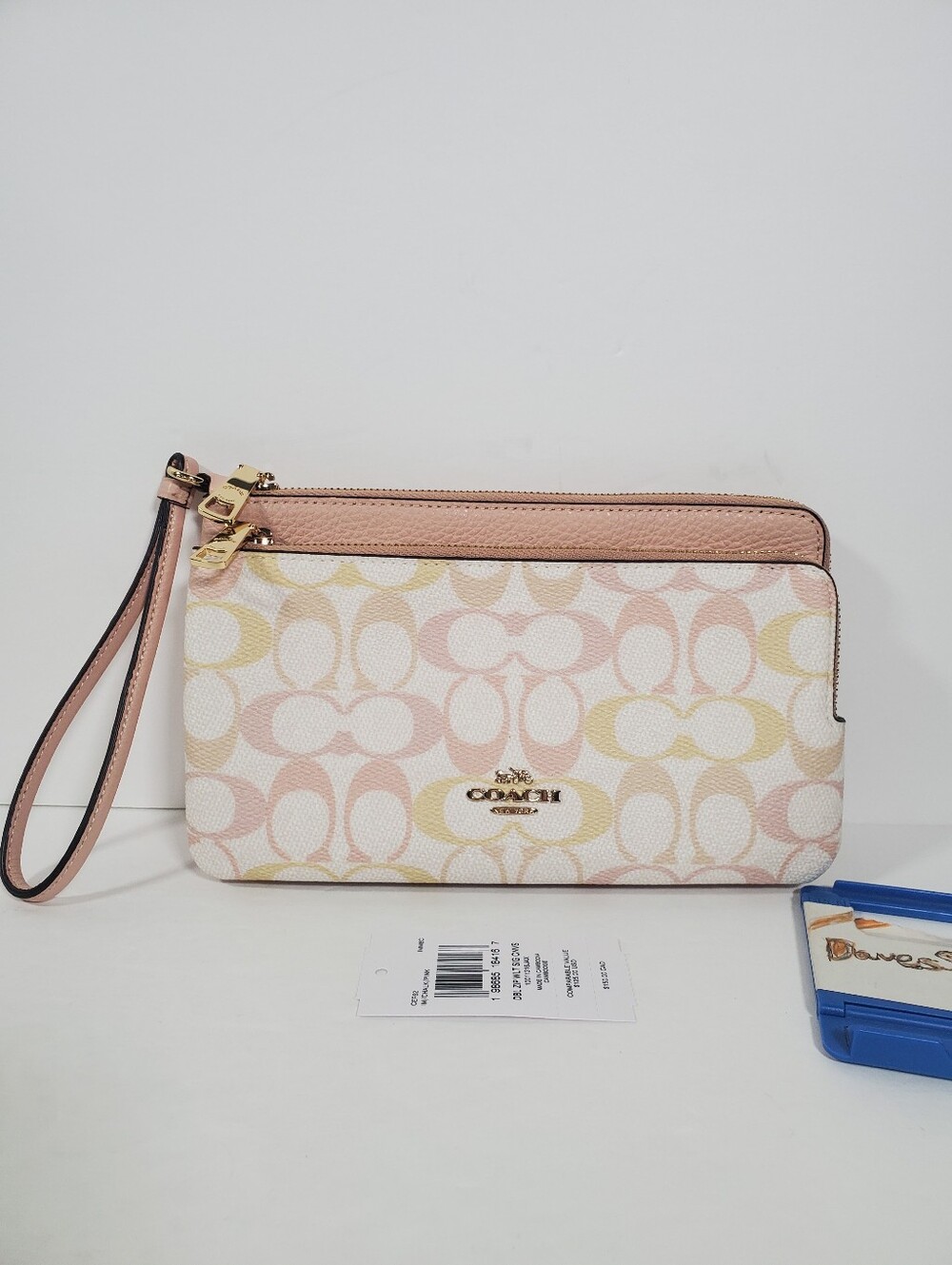 NWT Coach Double Zip Wristlet In Pretty Signature Canvas Gold/Chalk/Pink CEF62